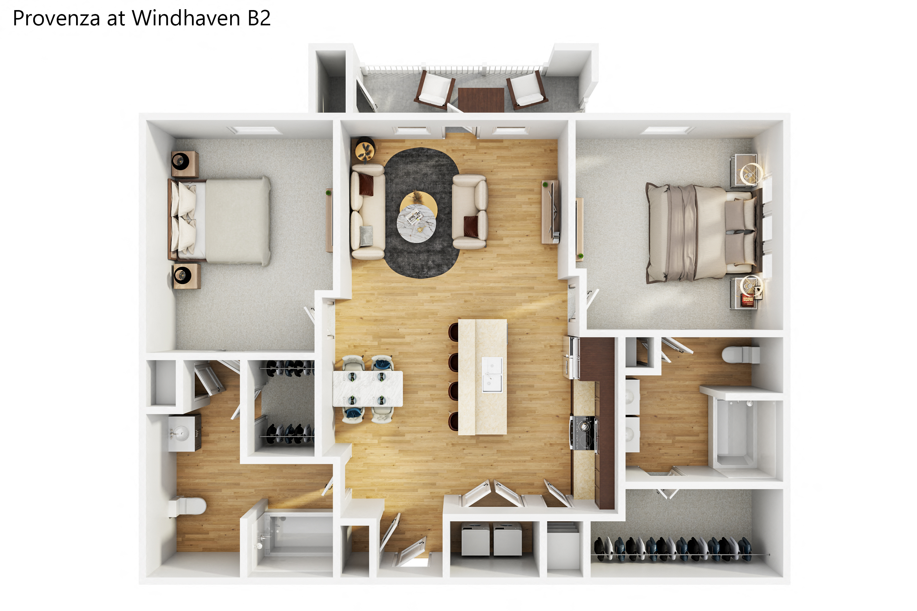 Floor plan for 2 beds, 2 baths, 1048 sqft
